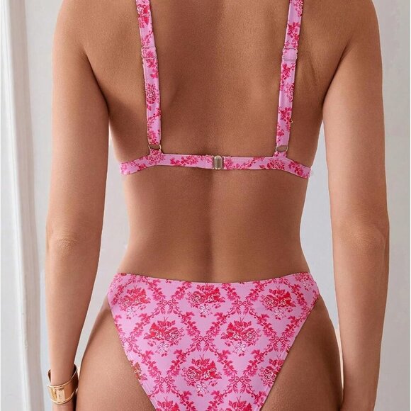 Women's Floral Print Triangle String Bikini Set - Medium - Pink - Picture 2 of 6